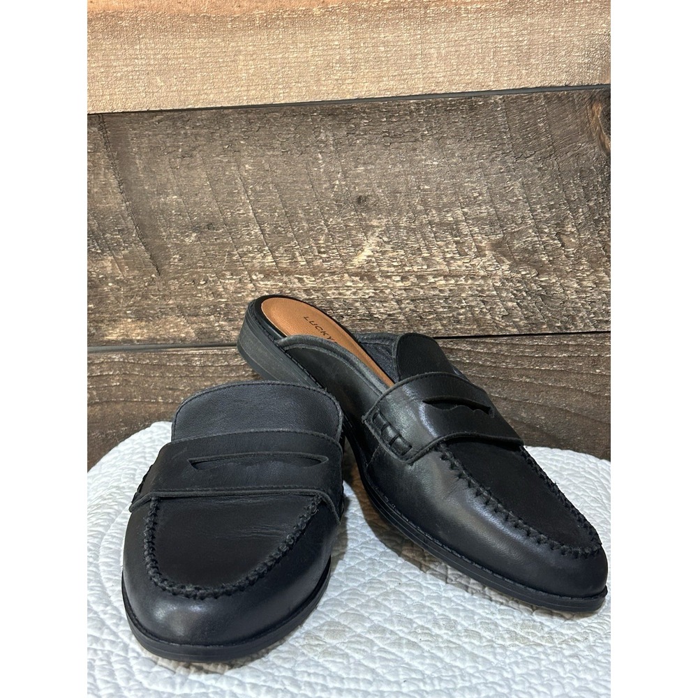 Lucky Brand Women's 7.5 Black Leather Backless Loafer Mule Slip On Shoes
